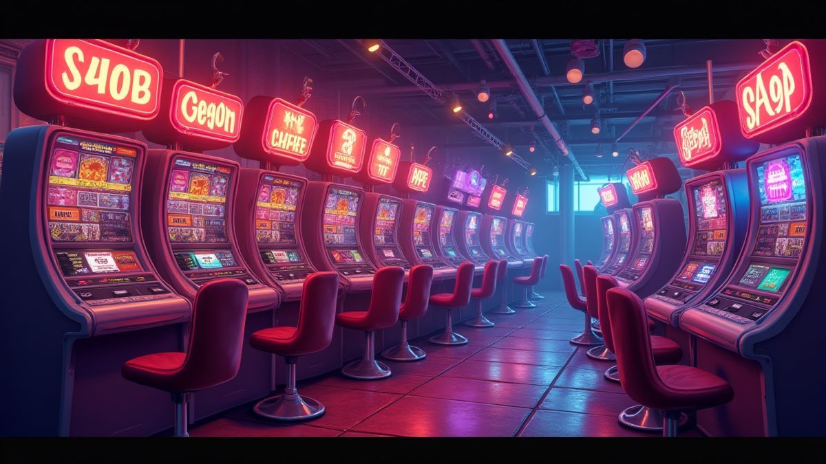 Entorno de casino retro con luces de neón brillantes y símbolos clásicos.