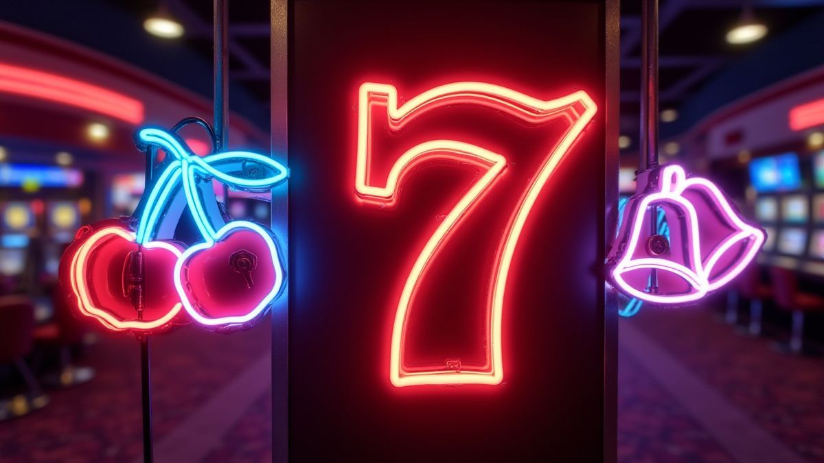 Neonlichten met kersen, bellen en het nummer 7 in een casino.