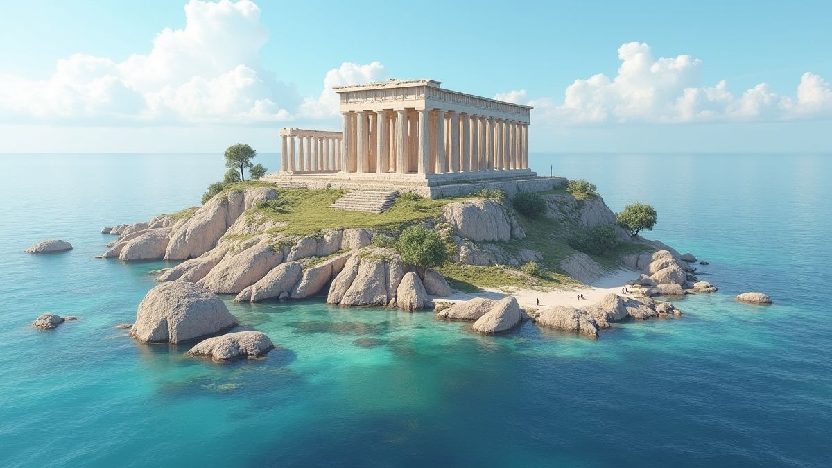 Greek temple surrounded by the sea.