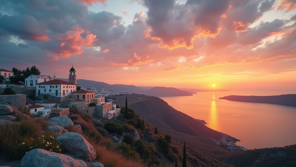 Greek island at sunset.
