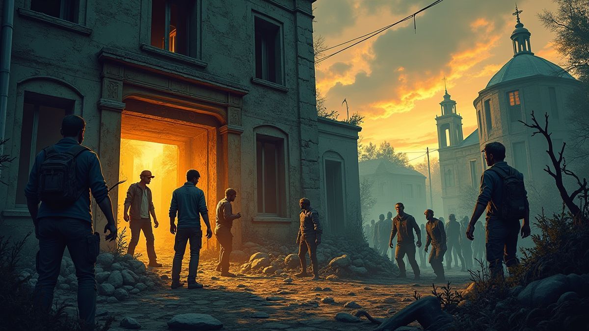 Überlebende schützen sich vor Zombies in einem Ruinengebäude.