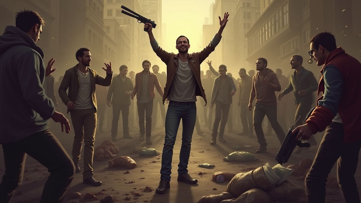 Überlebende feiern nach dem Besiegen von Zombies, umgeben von Beute und Vorräten.