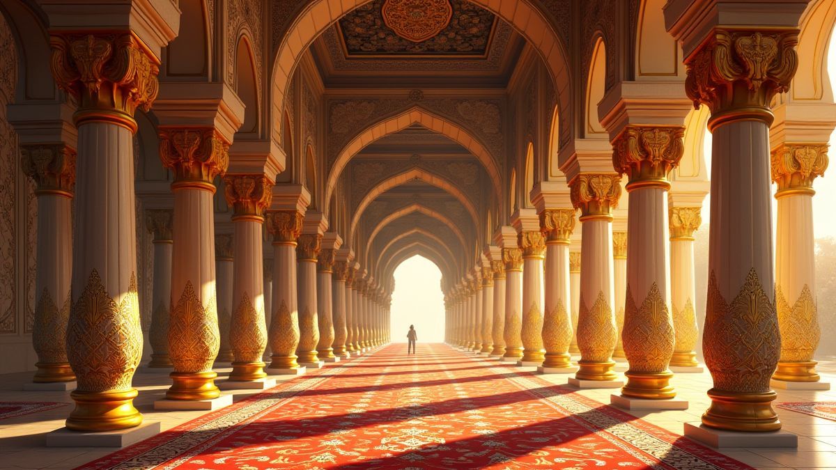 Persian palace with golden pillars and luxurious carpets.