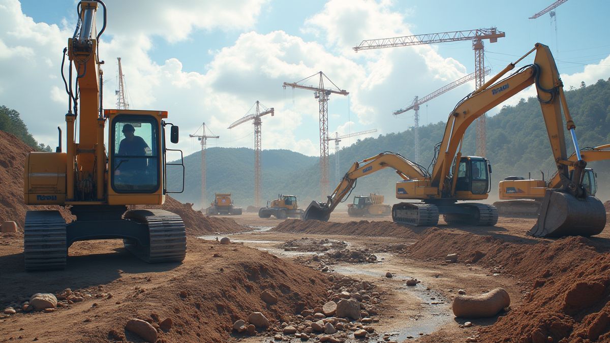 Imagen de una obra en construcción con trabajadores y maquinaria.