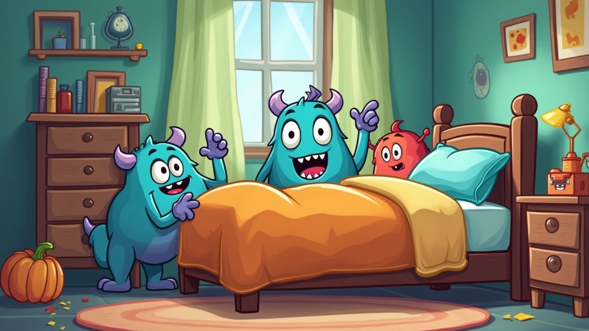 Children's room with animated monsters under the bed.