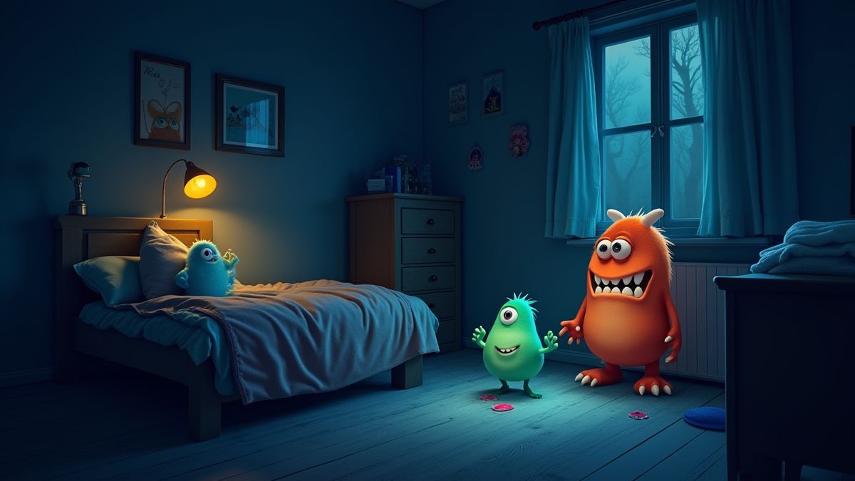 Nighttime scene in a room with glowing effects and animated monsters.
