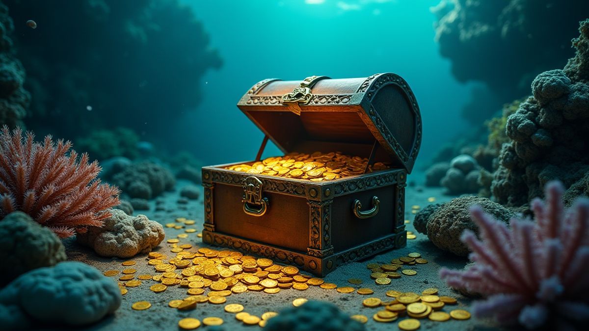 Coffre au trésor sous-marin entouré de corail et de pièces d'or