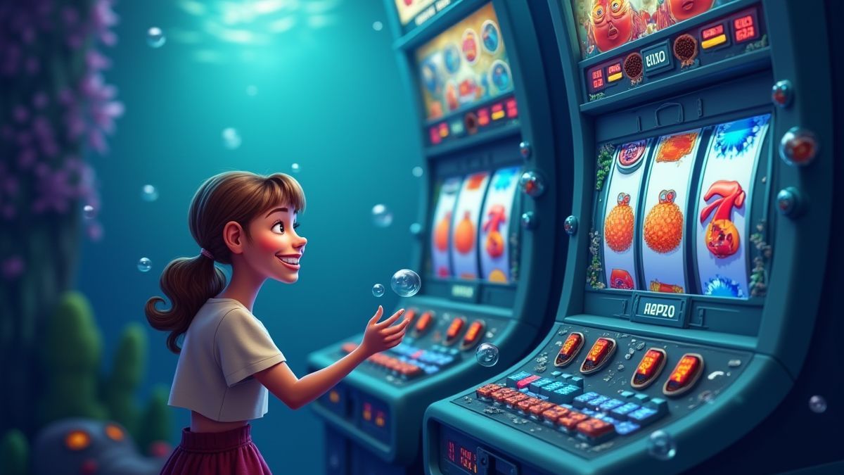 Joueur heureux sur une machine à sous à thème sous-marin