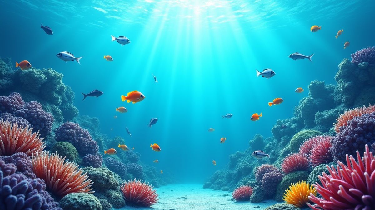 Un escenario submarino con arrecifes de coral y peces tropicales nadando.