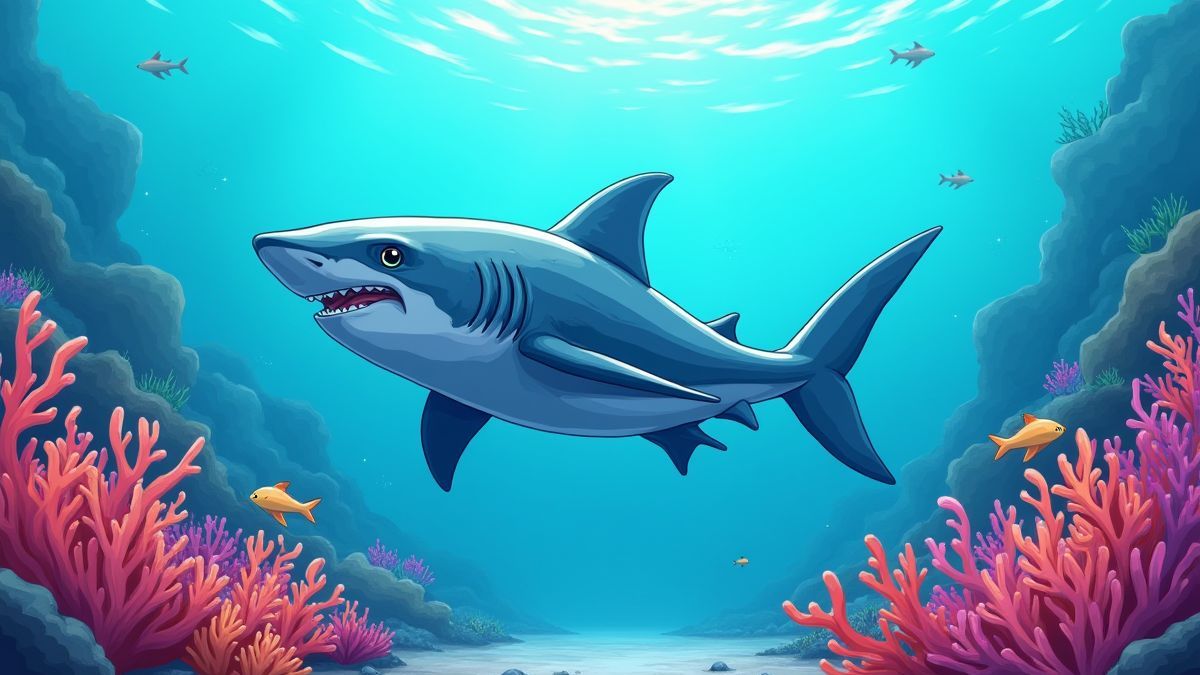 A cartoonish shark swimming among vibrant corals.