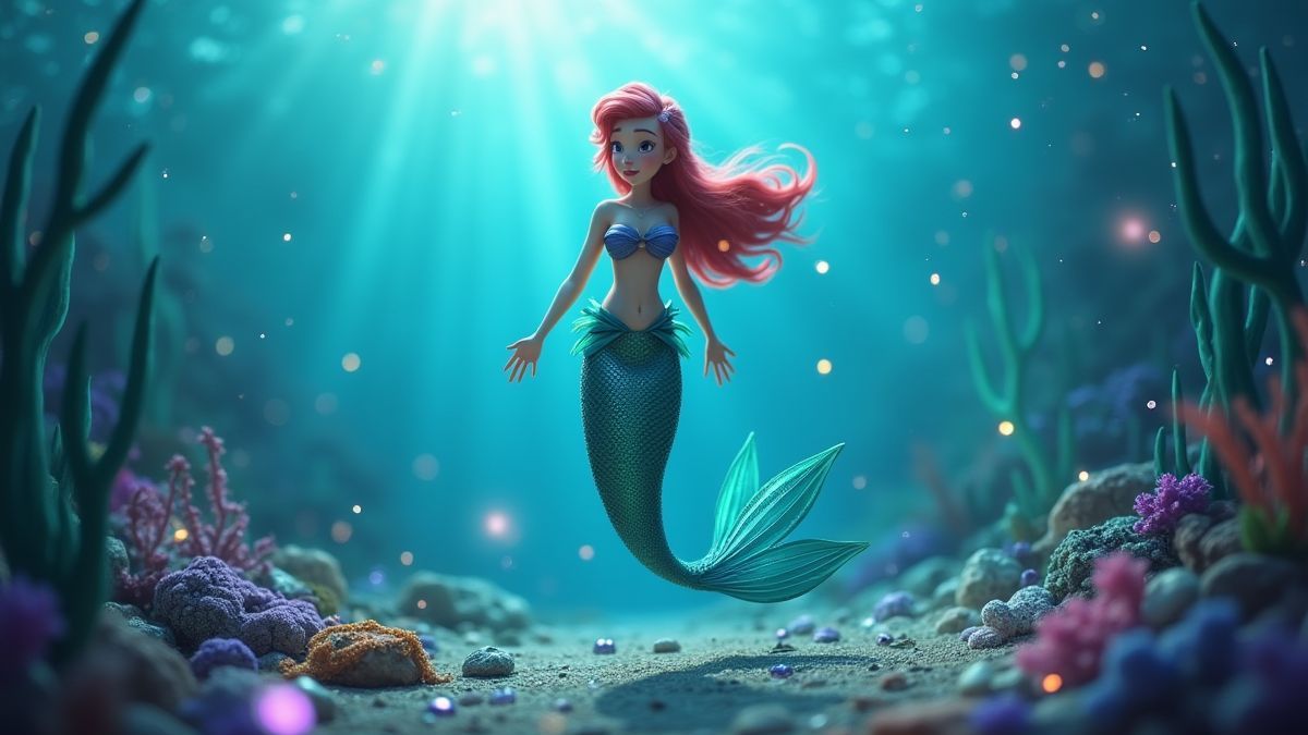An animated mermaid surrounded by shiny treasures underwater.