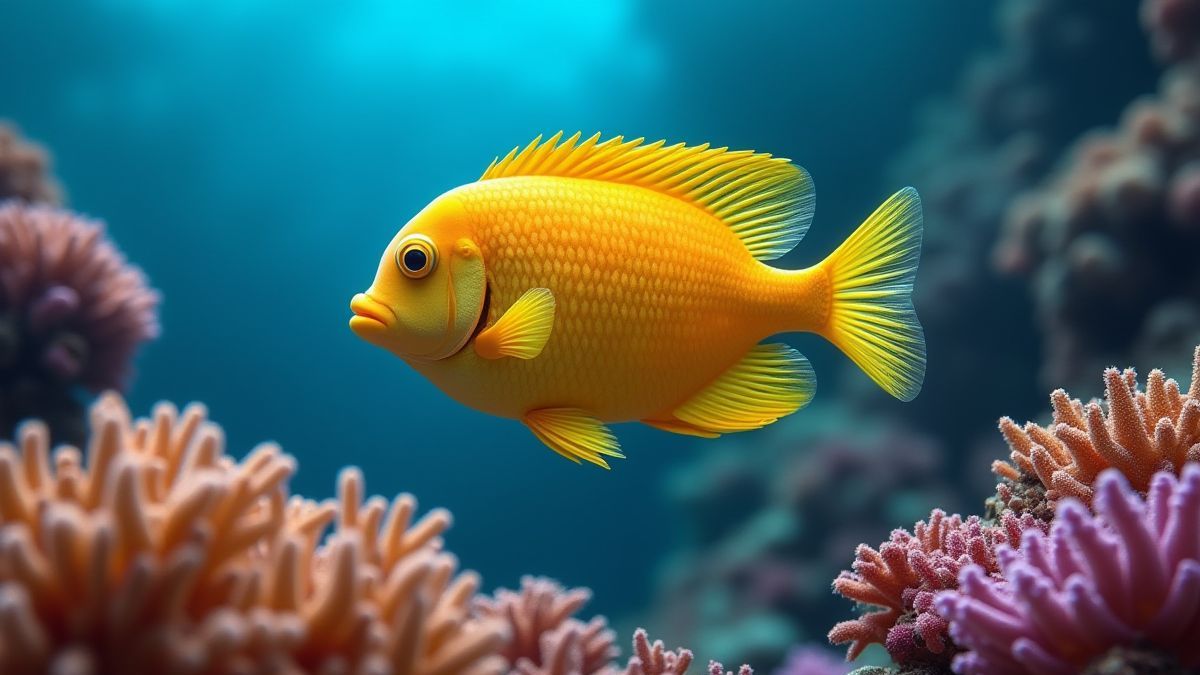 Pez dorado nadando entre arrecifes de coral vibrantes.