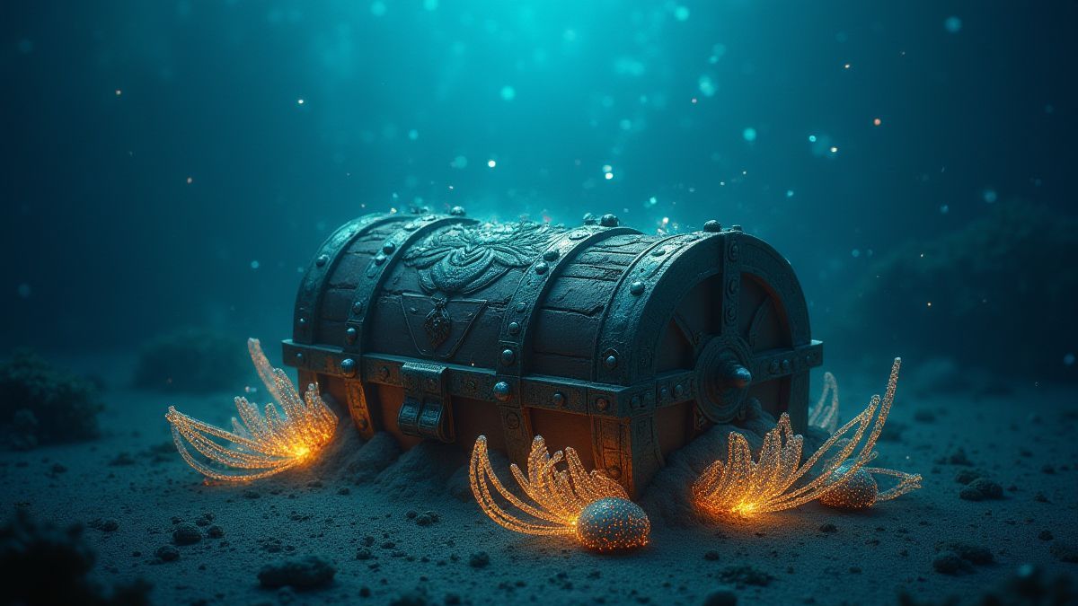 Cofre do tesouro submarino rodeado de criaturas marinhas luminosas.
