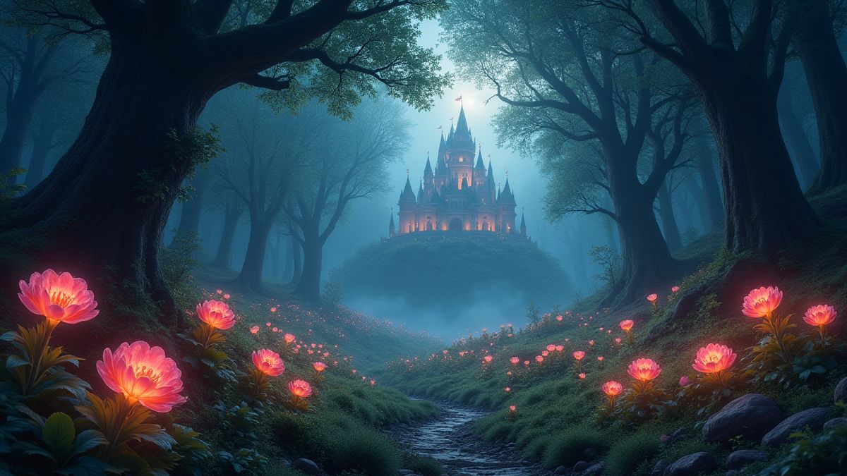 A magical forest with glowing flowers and a castle in the background.