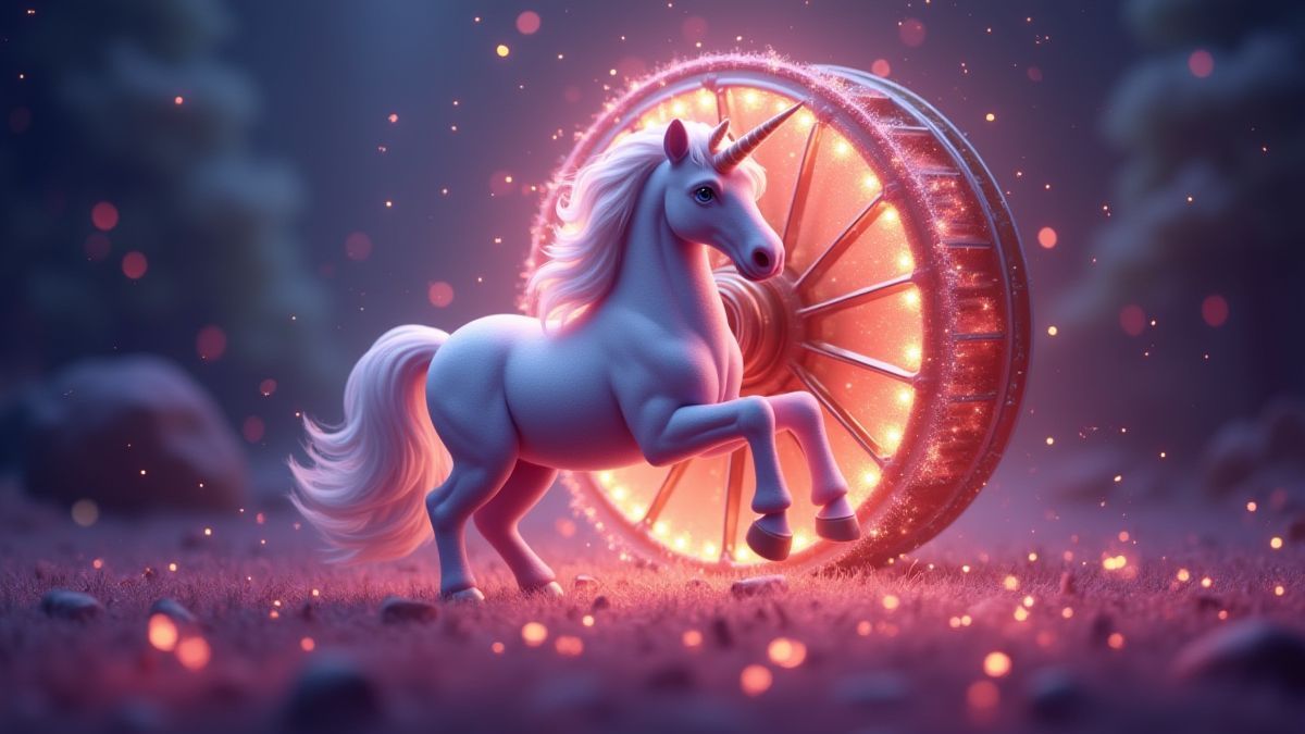 A spinning reel with magical sparkles and a unicorn symbol.