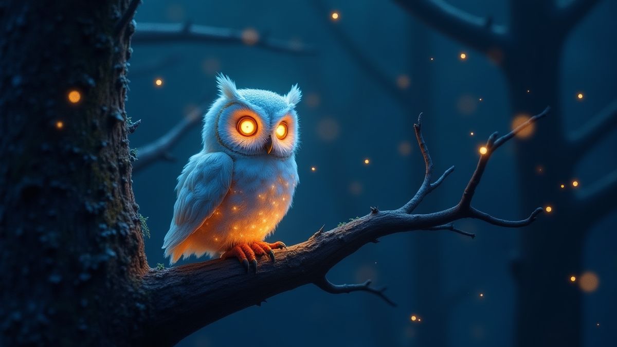 Um búho mágico resplandecente em uma rama sob um céu estrelado