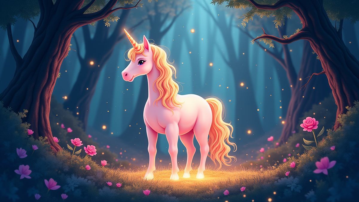 A glowing unicorn in a magical forest surrounded by enchanted plants.