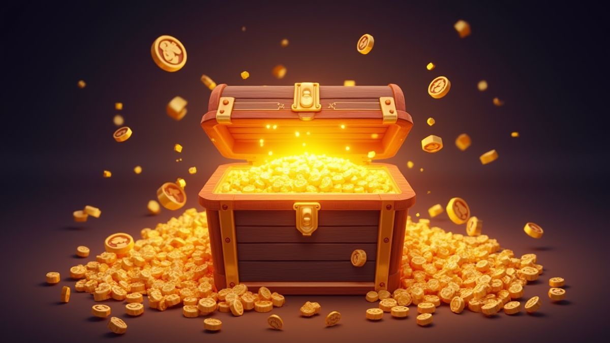 A glowing treasure chest surrounded by golden unicorn symbols.
