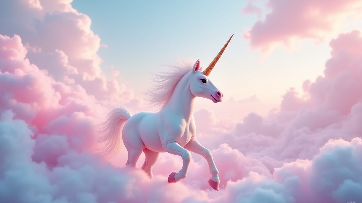 Een magische eenhoorn die door suikerspinwolken vliegt.