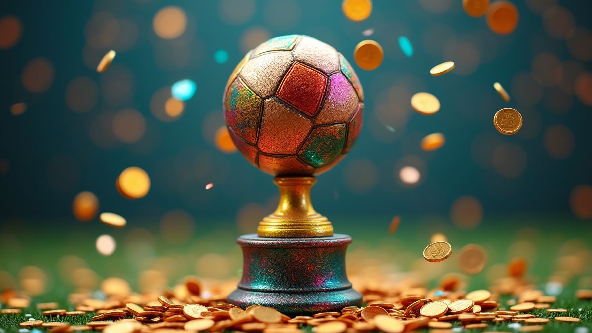 Animierter Fußballpokal umgeben von Münzen und Konfetti.