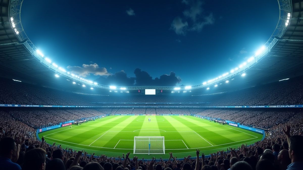 Animiertes Fußballstadion unter den Lichtern mit jubelnden Fans.