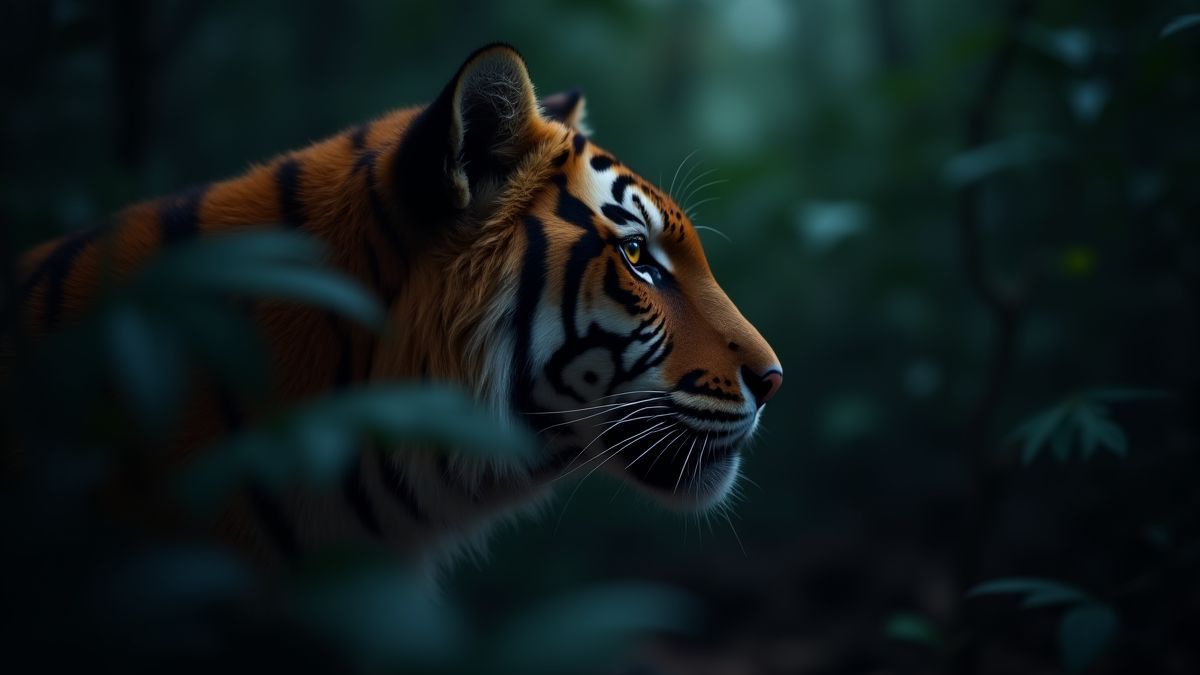The tiger's eye glowing in the darkness of the jungle.