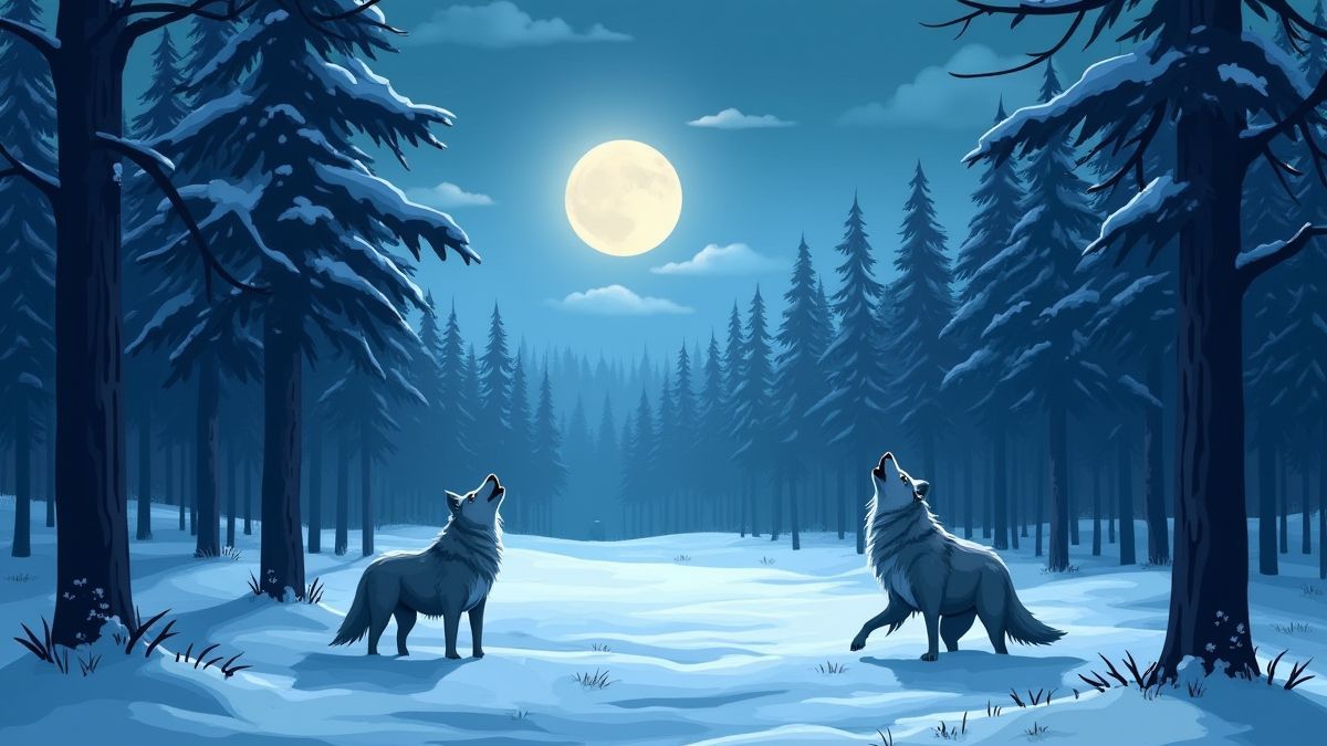 Verschneiter Wald mit Wölfen, die unter dem Mondschein heulen.