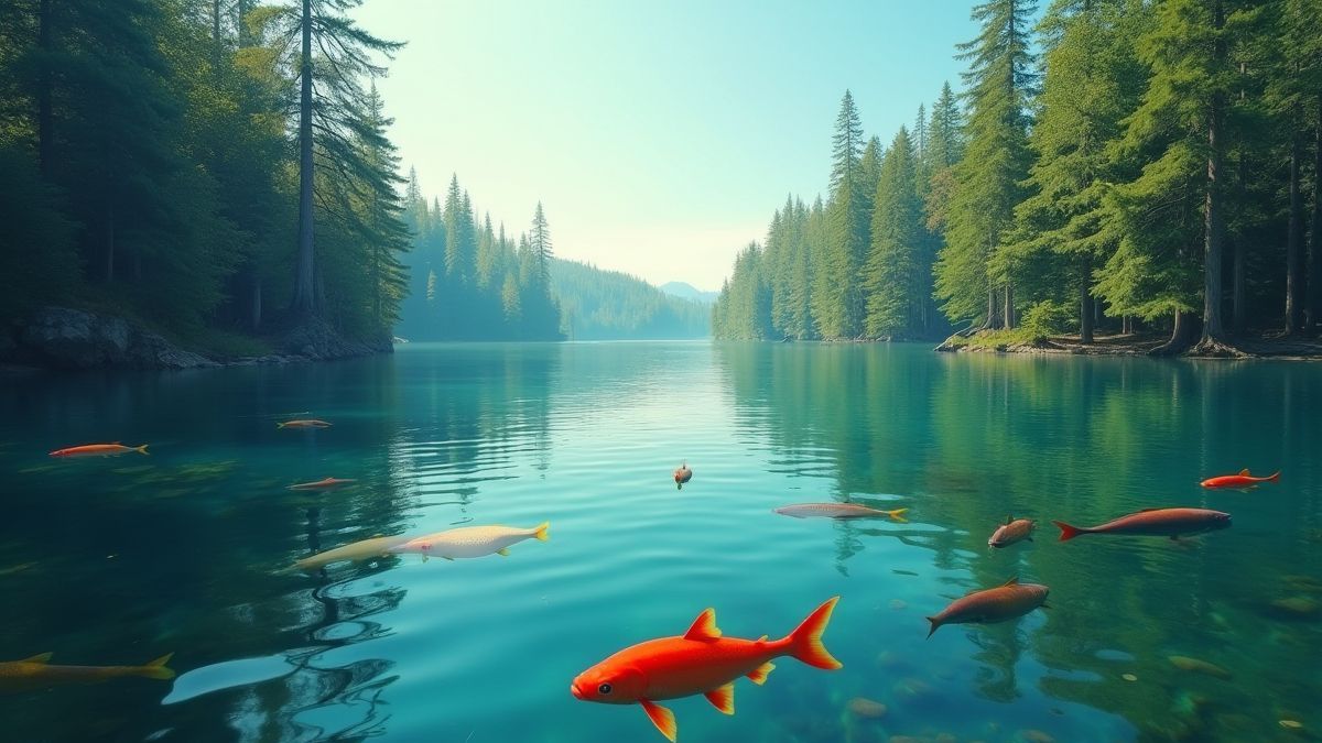 Un lago tranquilo rodeado de árboles altos y peces coloridos visibles en el agua.
