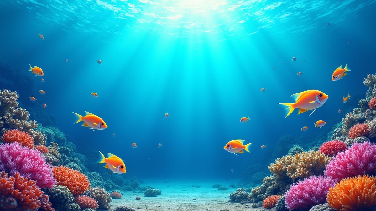 Una escena submarina colorida con arrecifes de coral y peces exóticos nadando.