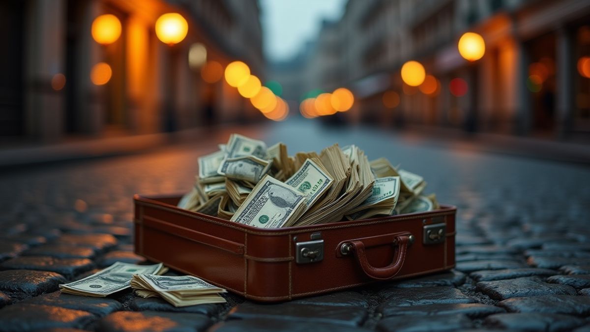 Maletín lleno de dinero en una calle nocturna