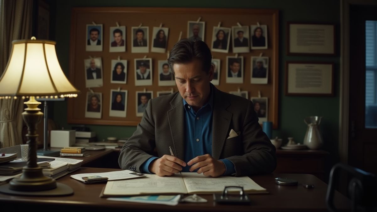 Detective analizando pistas en su oficina