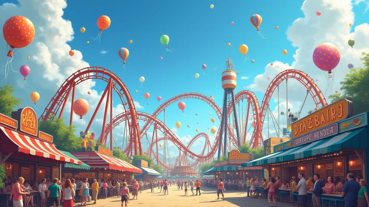 Szene eines Freizeitparks mit Achterbahnen und bunten Ballons.