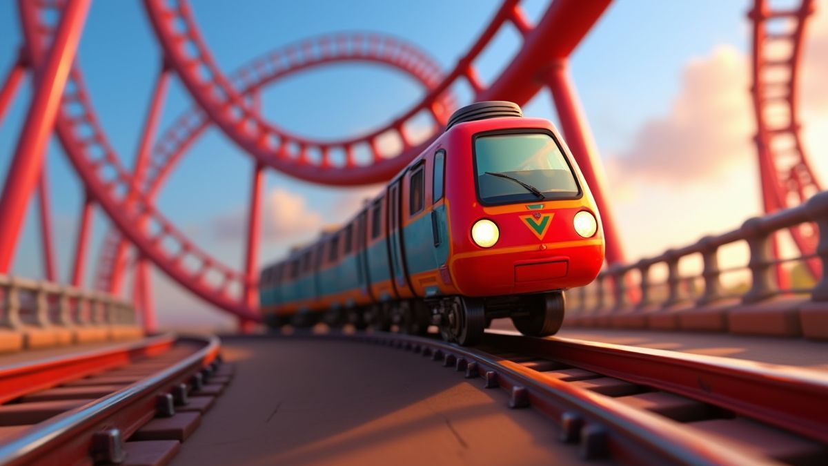 Ein bunter Achterbahnzug in Bewegung.