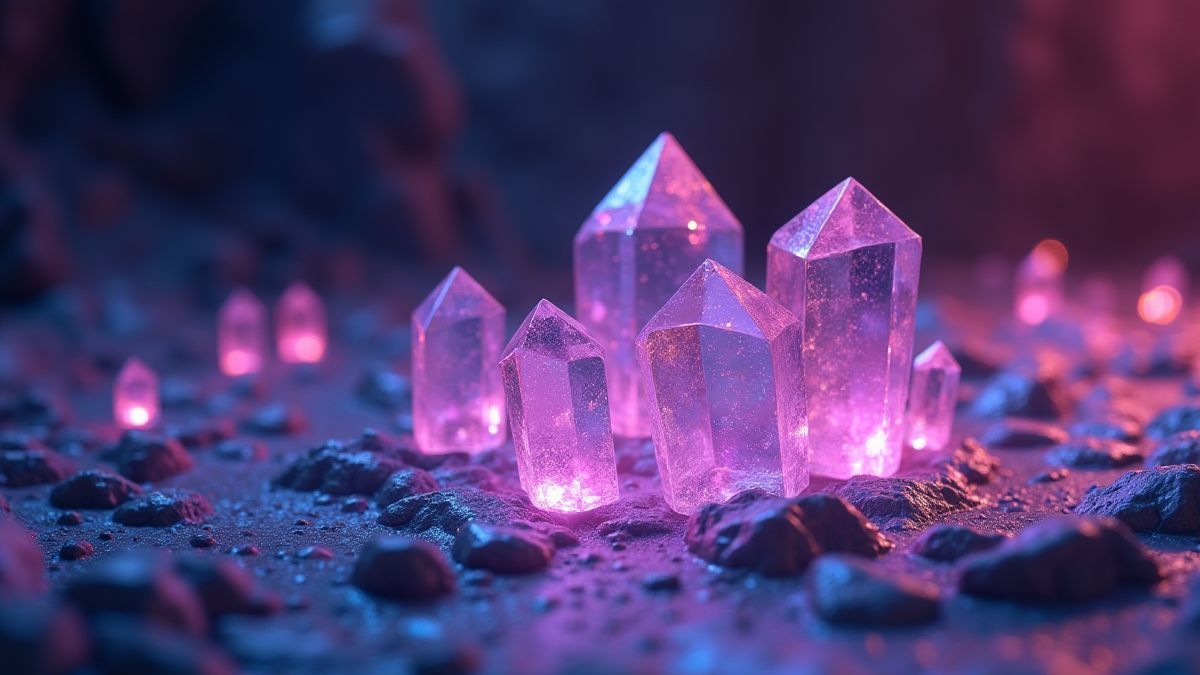 Glanzende kristallen op een futuristische metalen achtergrond.