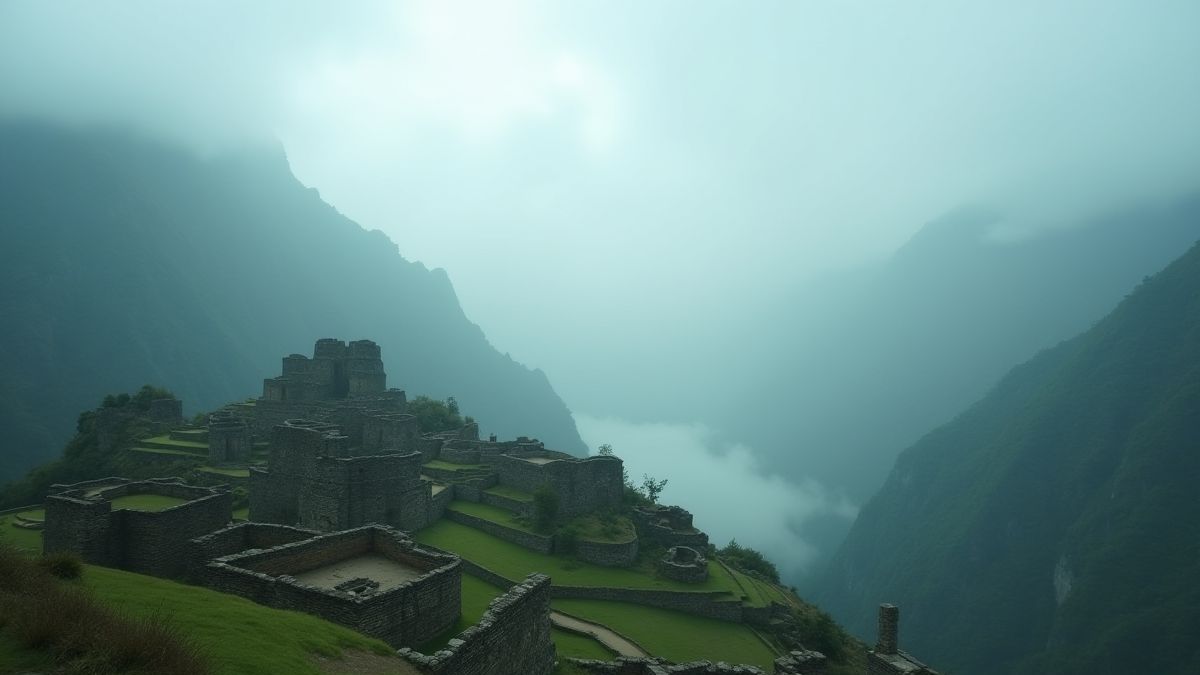 Ruines anciennes entourées de montagnes