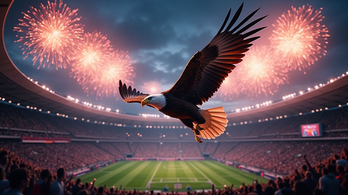 An eagle flying over a stadium filled with fireworks.