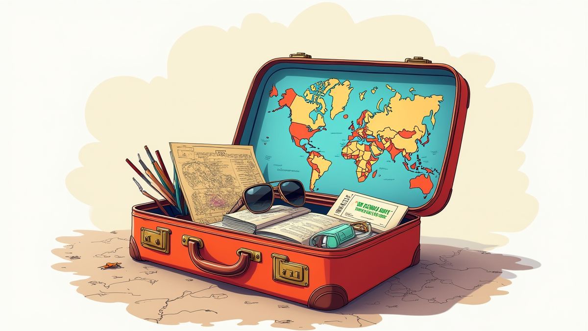 A suitcase filled with travel accessories like sunglasses, maps, and tickets.