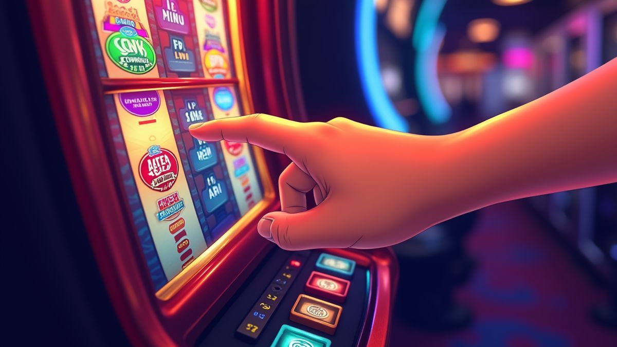 A hand pressing the 'Spin' button on a colorful slot machine.