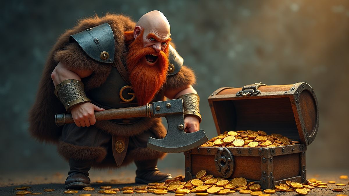 Guerrero vikingo con un hacha junto a un cofre lleno de monedas de oro.