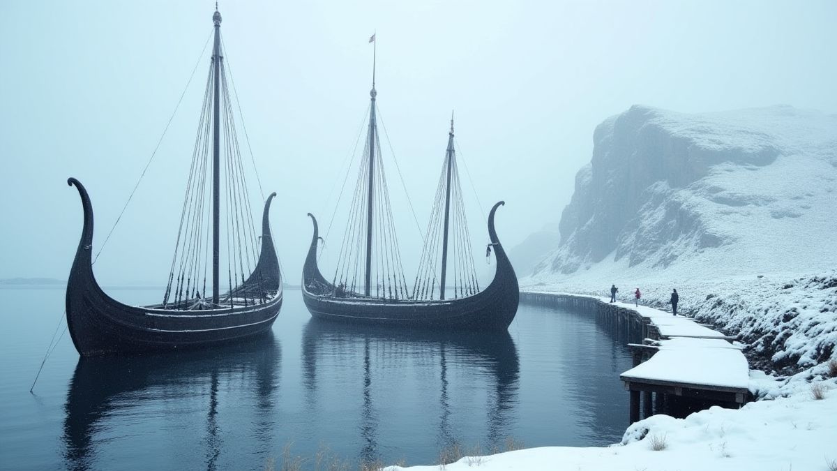 Paisaje escandinavo con barcos vikingos anclados cerca de un muelle de madera.