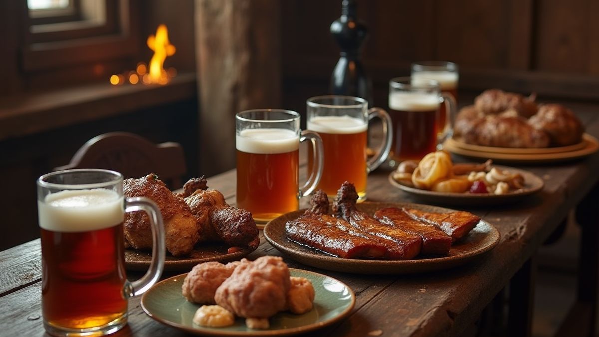 Mesa de festín vikingo con jarras de cerveza y platos de carne asada.