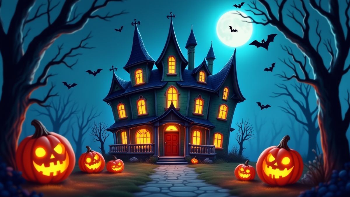 Eine spukende Zeichentrickvilla umgeben von Fledermäusen und leuchtenden Kürbissen.
