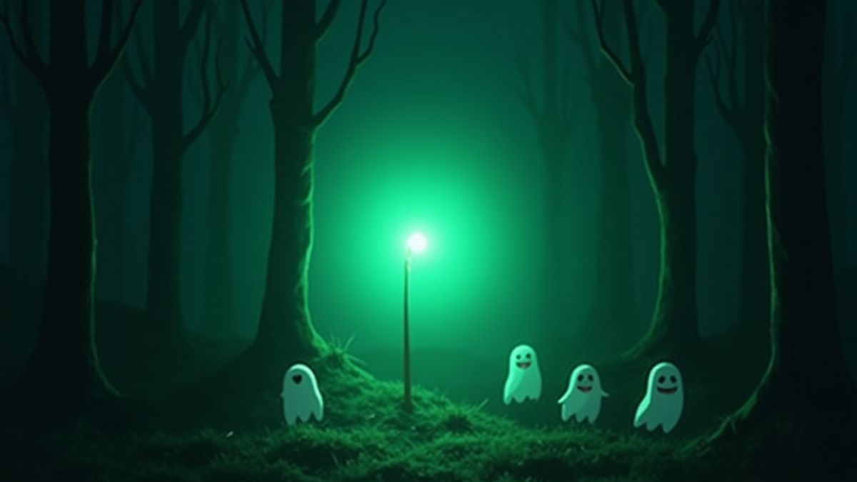 Ein dunkler Wald, beleuchtet von einem grünen Licht mit cartoonhaften Geistern.