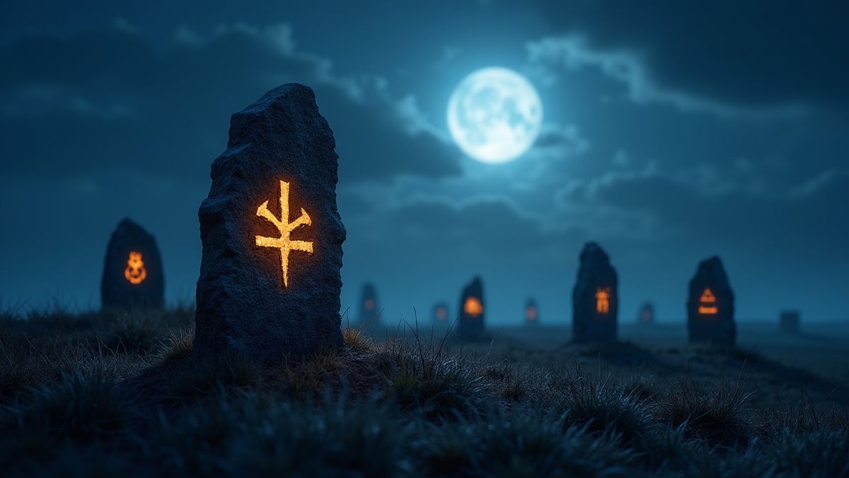 Runas vikingas brilhando sob a luz da lua.