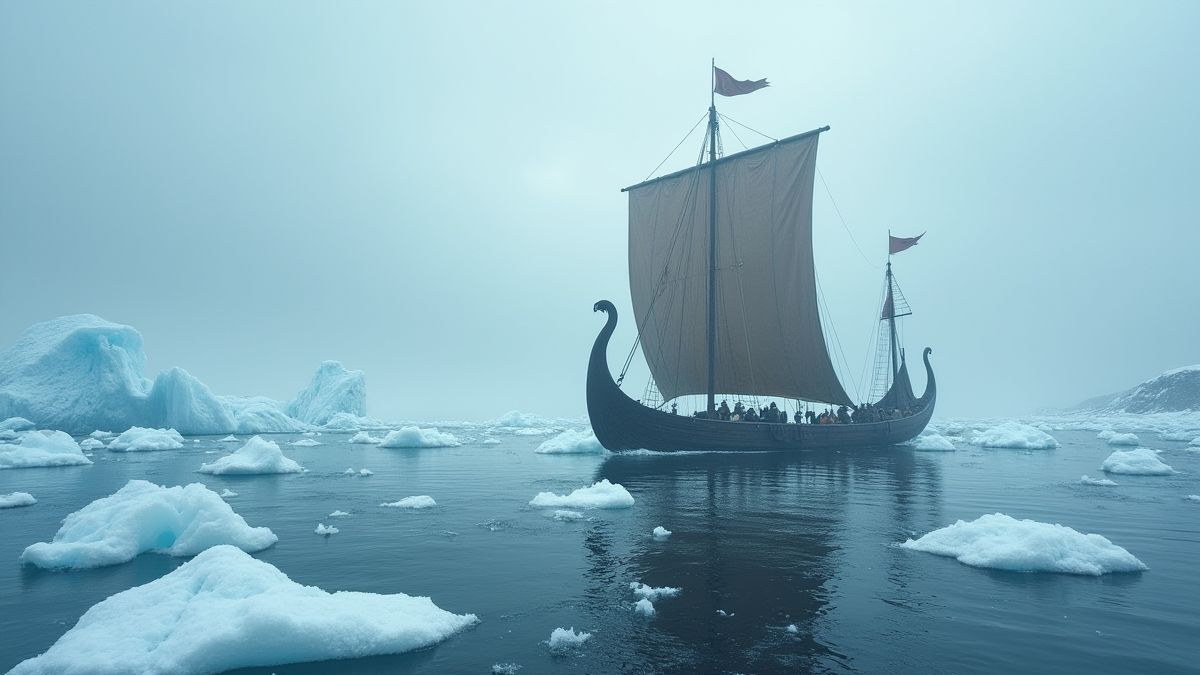 Barco vikingo navegando por águas geladas.