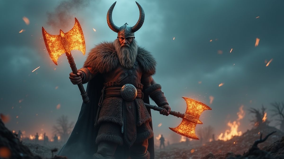 Um guerreiro viking segurando martelos mágicos em uma batalha épica.