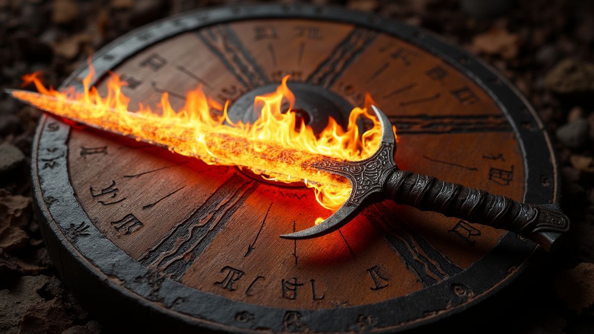 Espada de fuego sobre un escudo vikingo con runas nórdicas alrededor.