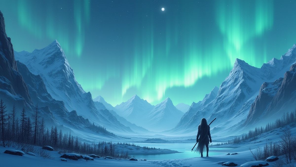 Paisaje nórdico con auroras boreales y una valquiria lista para la batalla.
