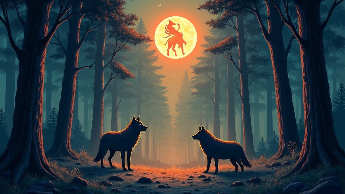 Symbole der nordischen Mythologie in einem leuchtenden Wald