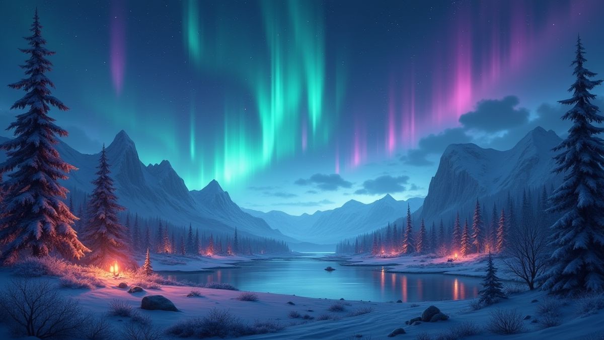 Episches nordisches Landschaft mit leuchtenden Runen und Auroras